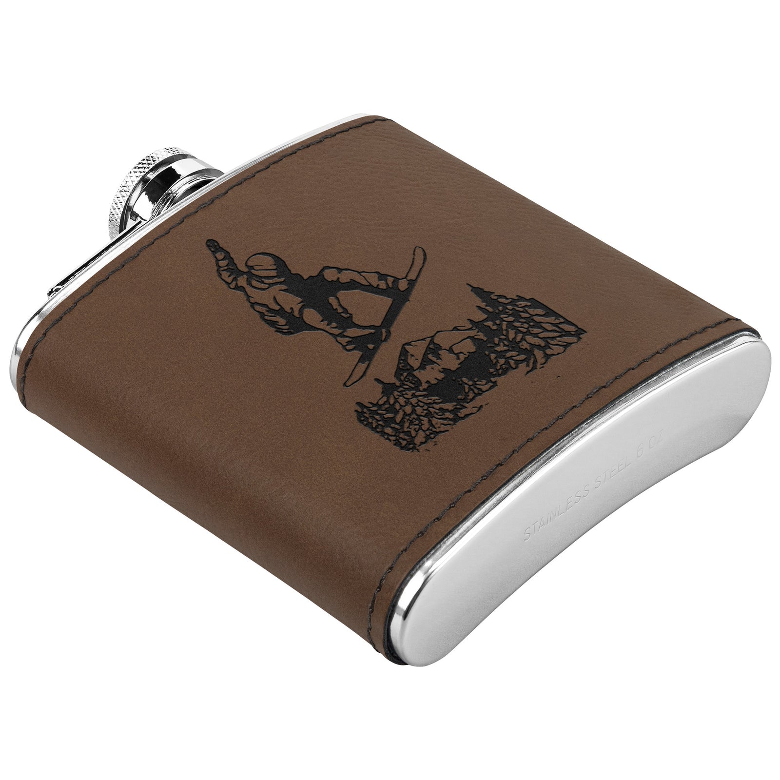 SNOWBOARD FLASKS WITH HAND DYED ENGRAVED LEATHER WRAP - STAINLESS STEEL FLASK