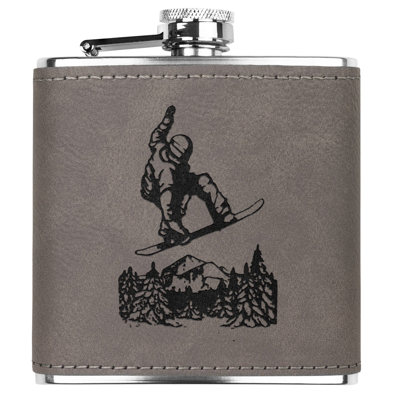 SNOWBOARD FLASKS WITH HAND DYED ENGRAVED LEATHER WRAP - STAINLESS STEEL FLASK
