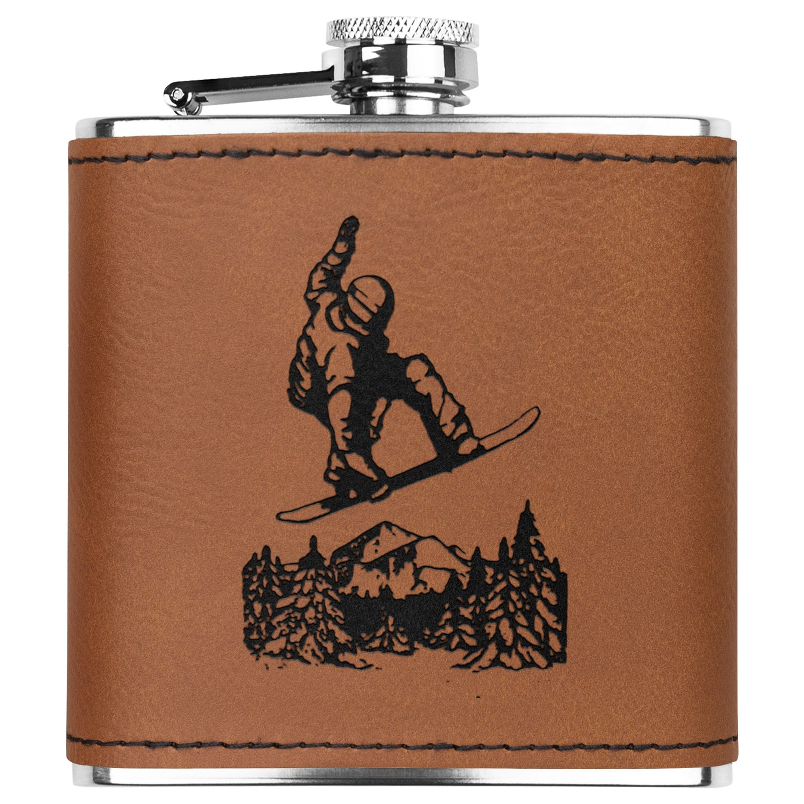 SNOWBOARD FLASKS WITH HAND DYED ENGRAVED LEATHER WRAP - STAINLESS STEEL FLASK