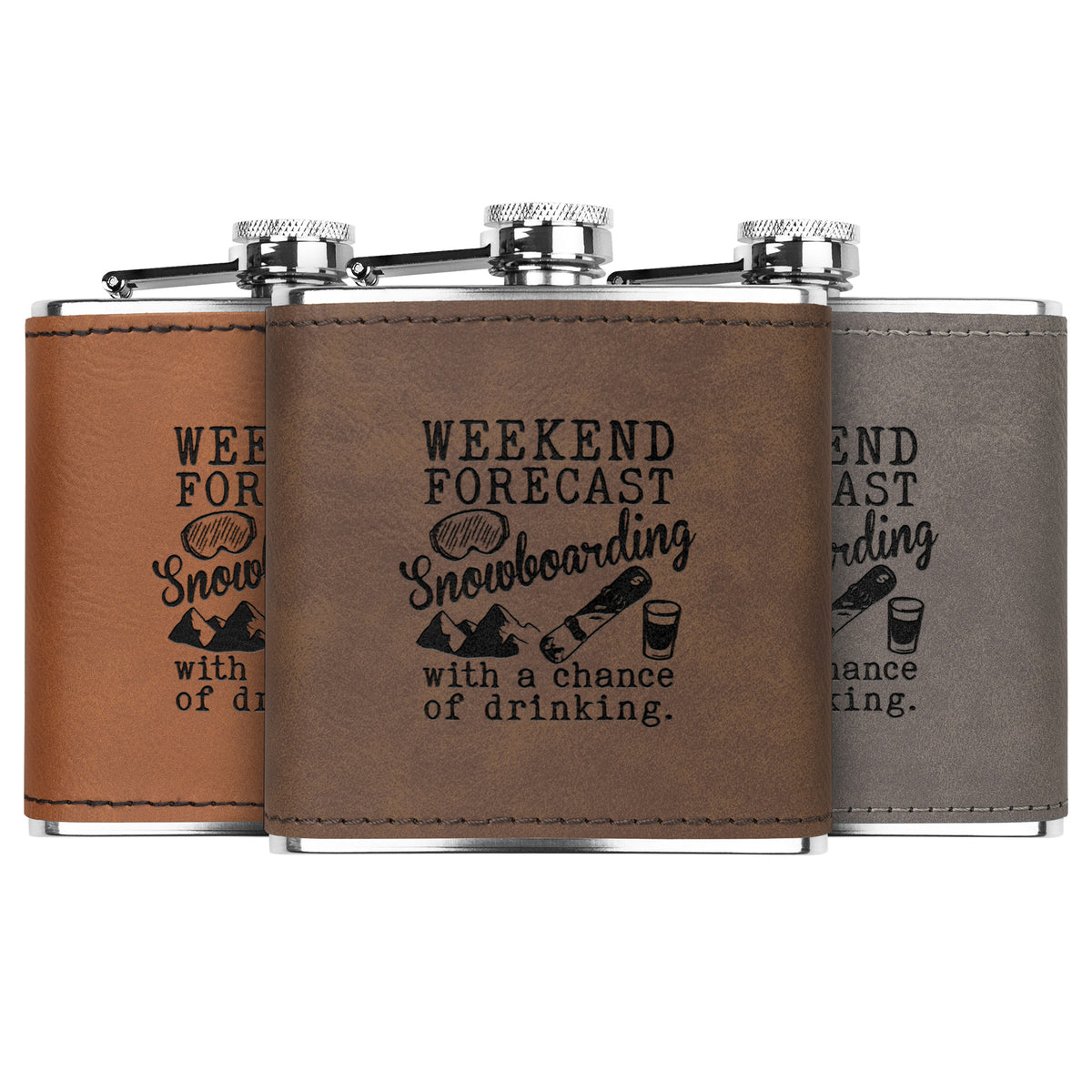 SNOWBOARD FLASKS WITH HAND DYED ENGRAVED LEATHER WRAP - STAINLESS STEEL FLASK
