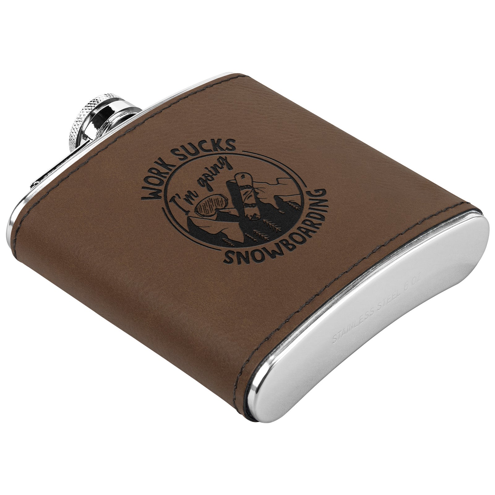 SNOWBOARD FLASKS WITH HAND DYED ENGRAVED LEATHER WRAP - STAINLESS STEEL FLASK