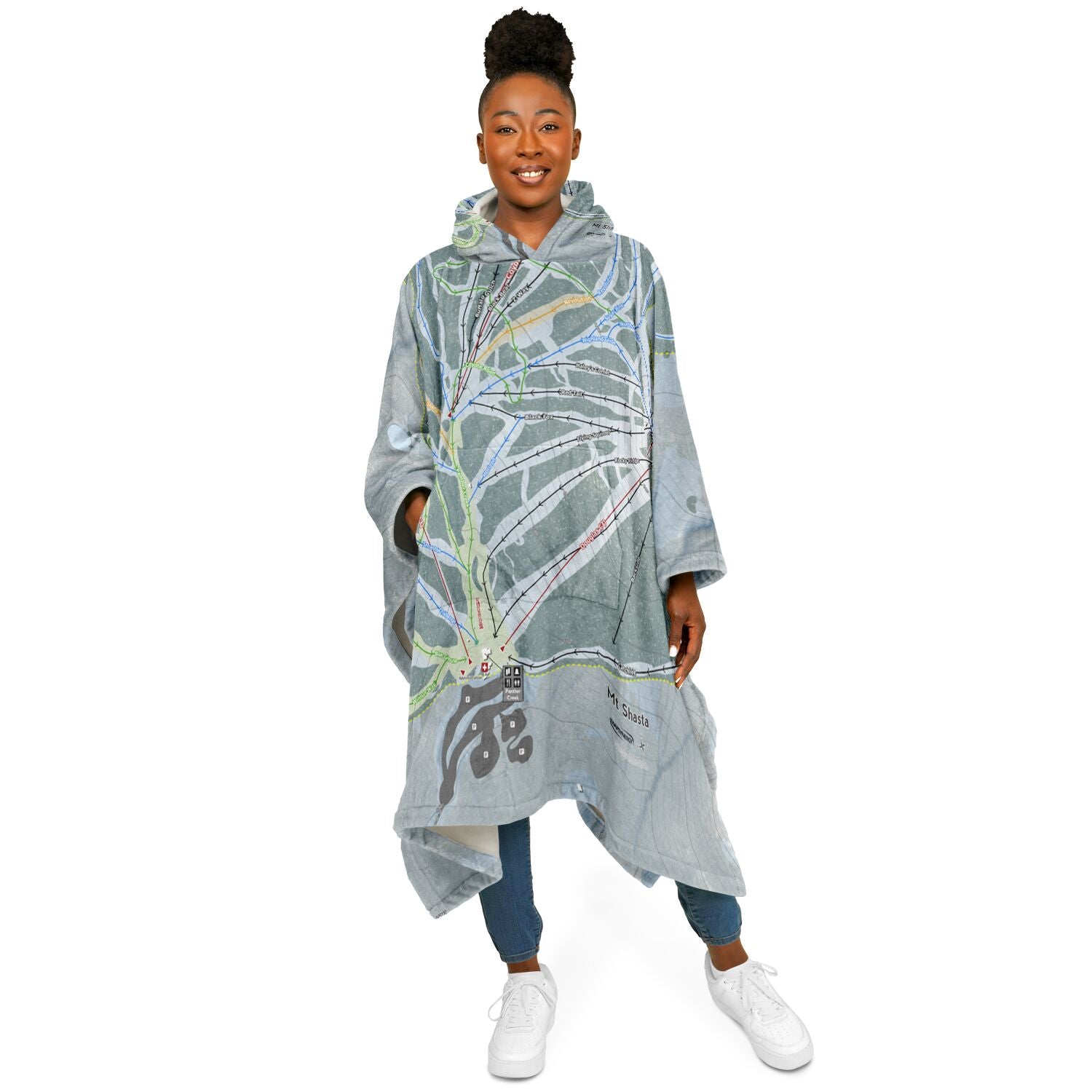 Mt Shasta, California Ski Resort Map Flannel Blanket Poncho