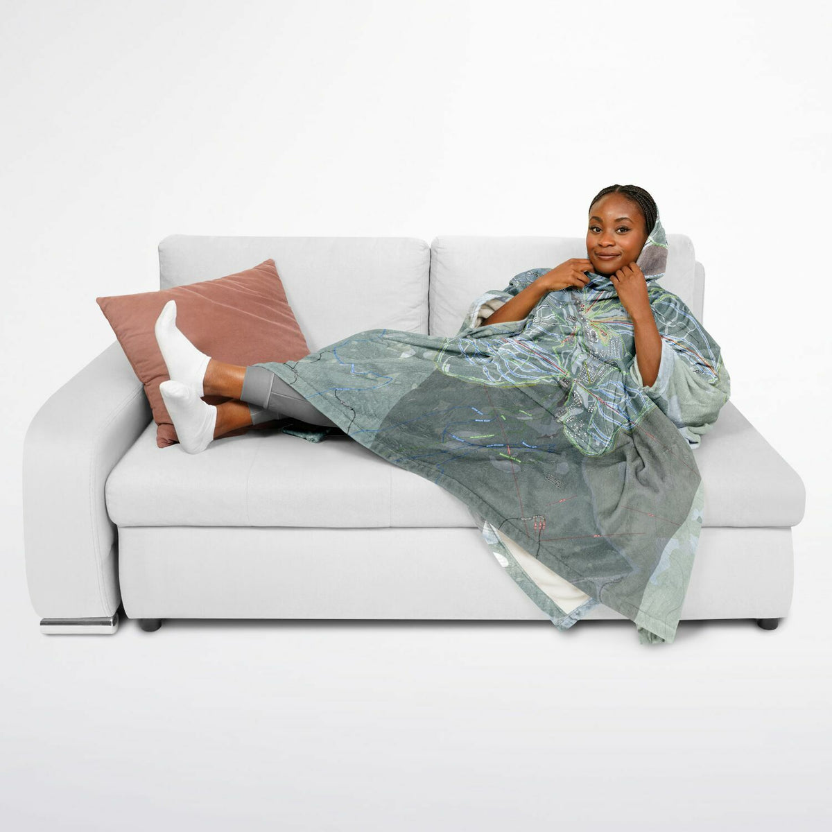 Sun Peaks, British Columbia Ski Resort Map Flannel Blanket Poncho