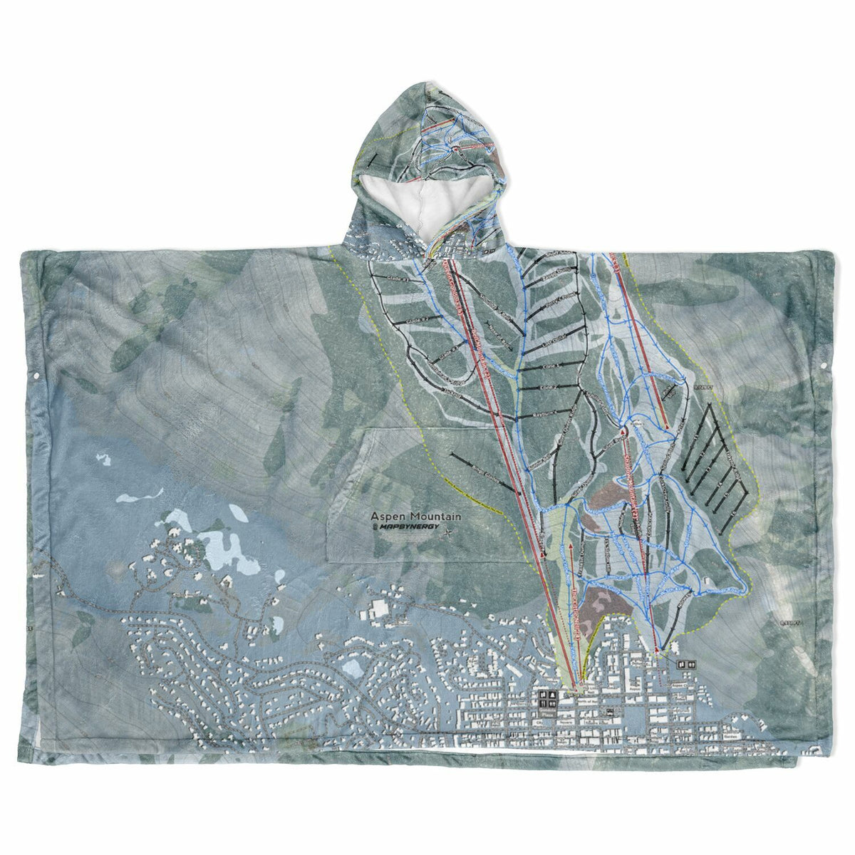 Aspen Mountain, Colorado Ski Resort Map Flannel Blanket Poncho