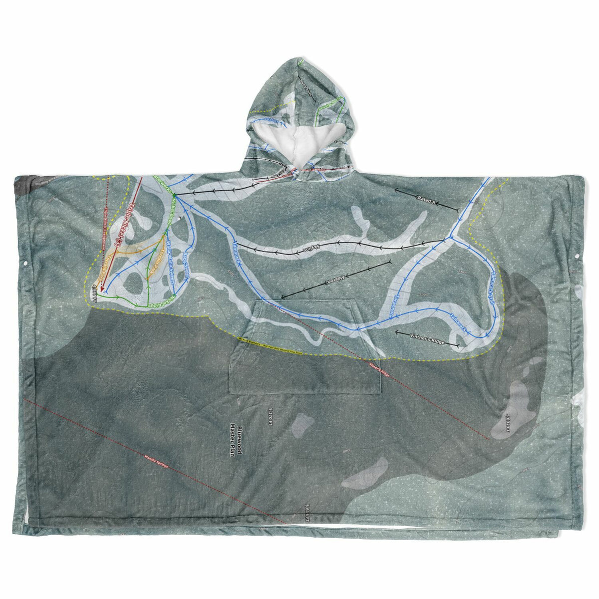 Bluewood, Washington Ski Resort Map Flannel Blanket Poncho