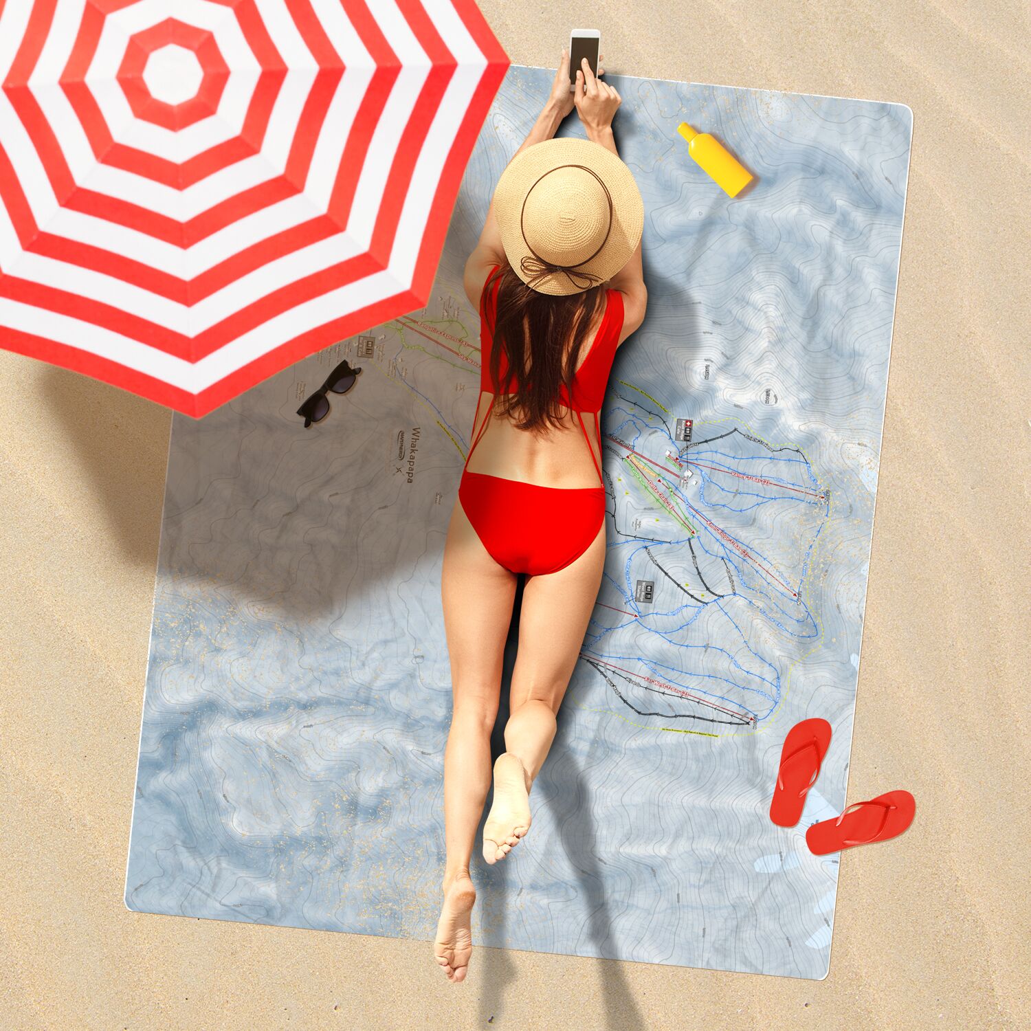 Whakapapa, New Zealand Ski Resort Map Printed Beach Towel