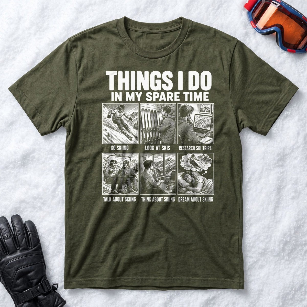 Spare Time Ski Comic - T-Shirt (Military Green)
