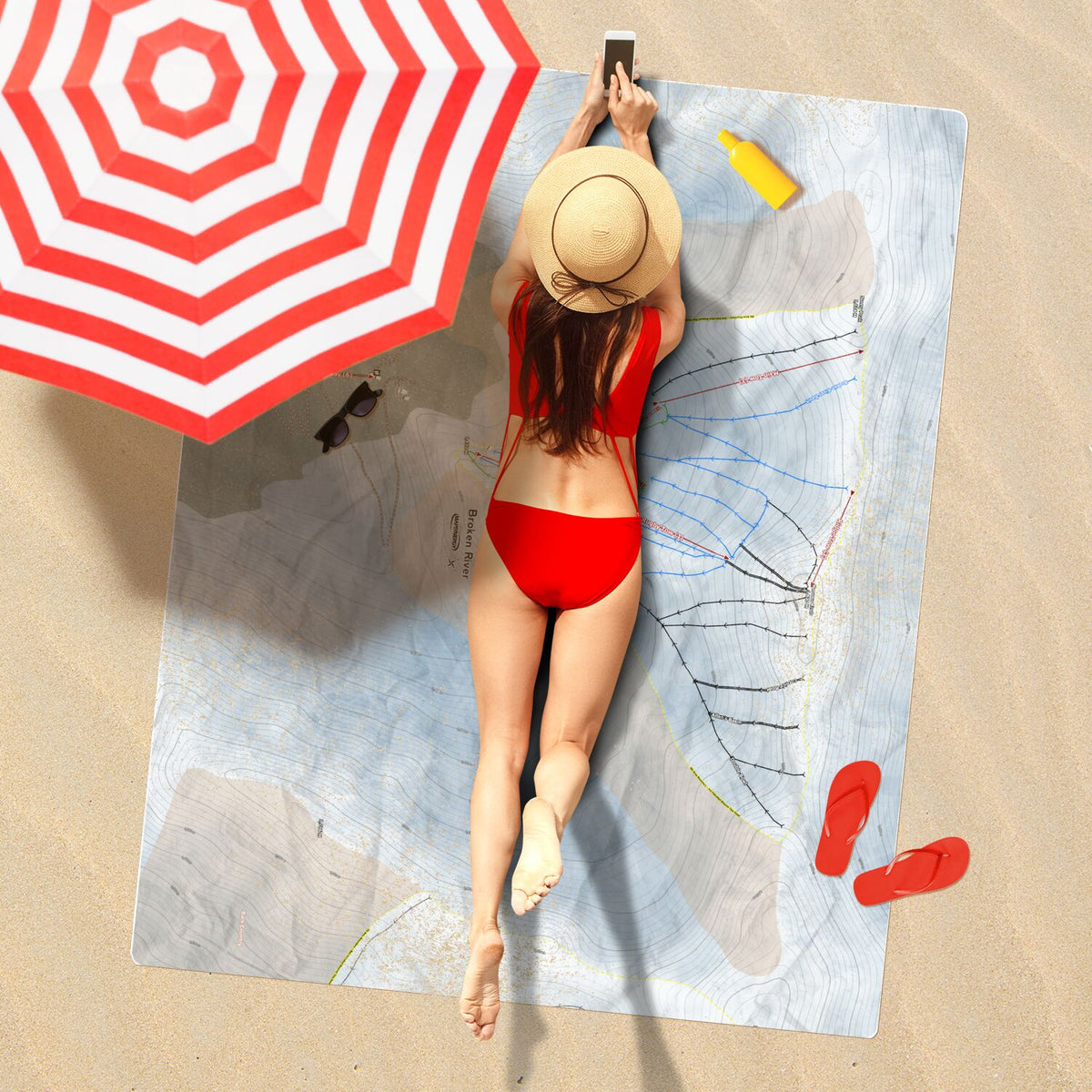 Broken River, New Zealand Ski Resort Map Printed Beach Towel