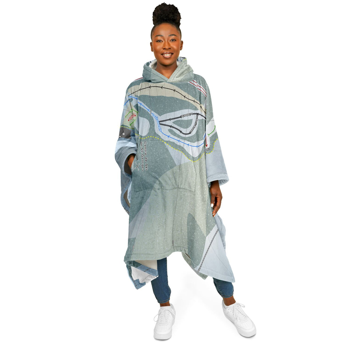 Centre de Ski de St-Georges, Quebec Ski Resort Map Flannel Blanket Poncho