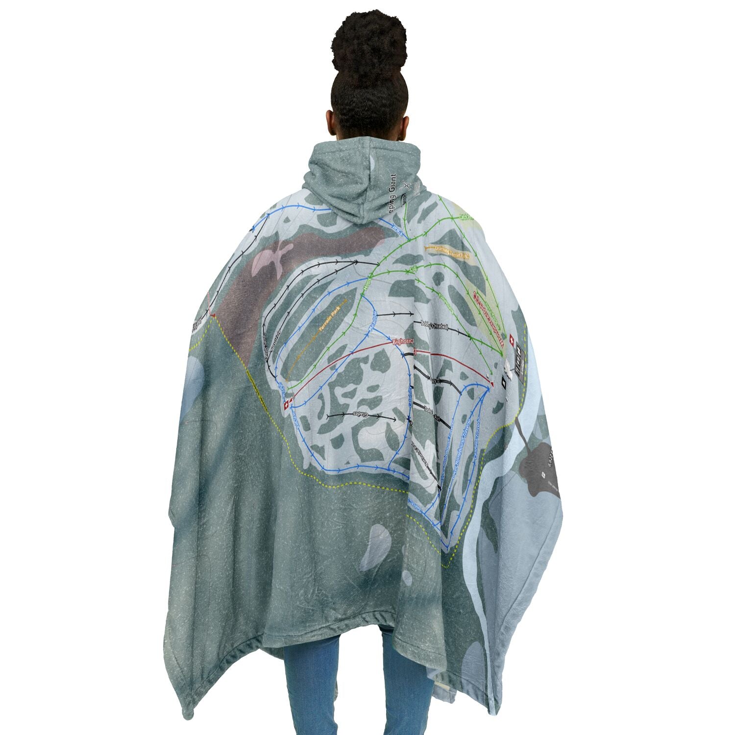 Sleeping Giant, Wyoming Ski Resort Map Flannel Blanket Poncho