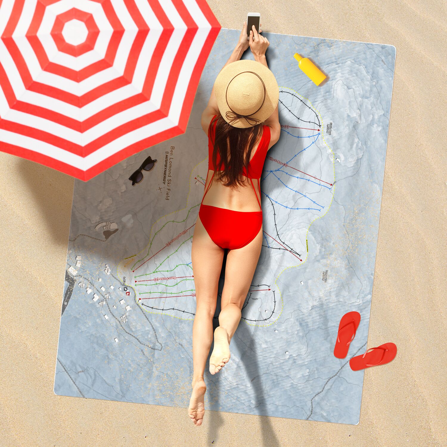 Ben Lomond Ski Field, Australia Ski Resort Map Printed Beach Towel