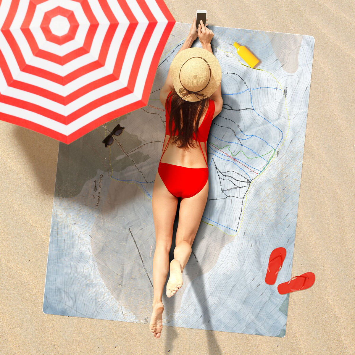 Craigieburn Valley, New Zealand Ski Resort Map Printed Beach Towel