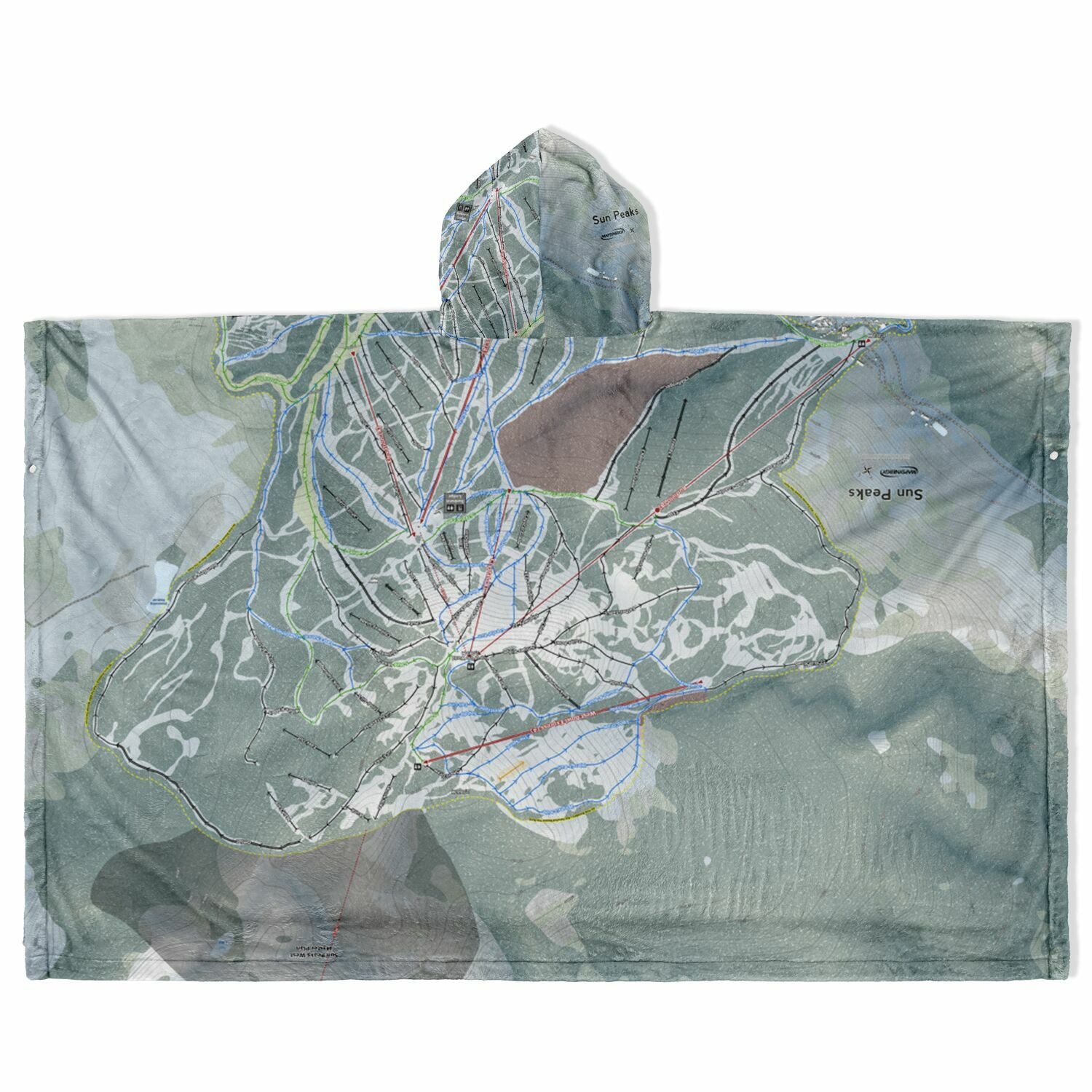 Sun Peaks, British Columbia Ski Resort Map Flannel Blanket Poncho