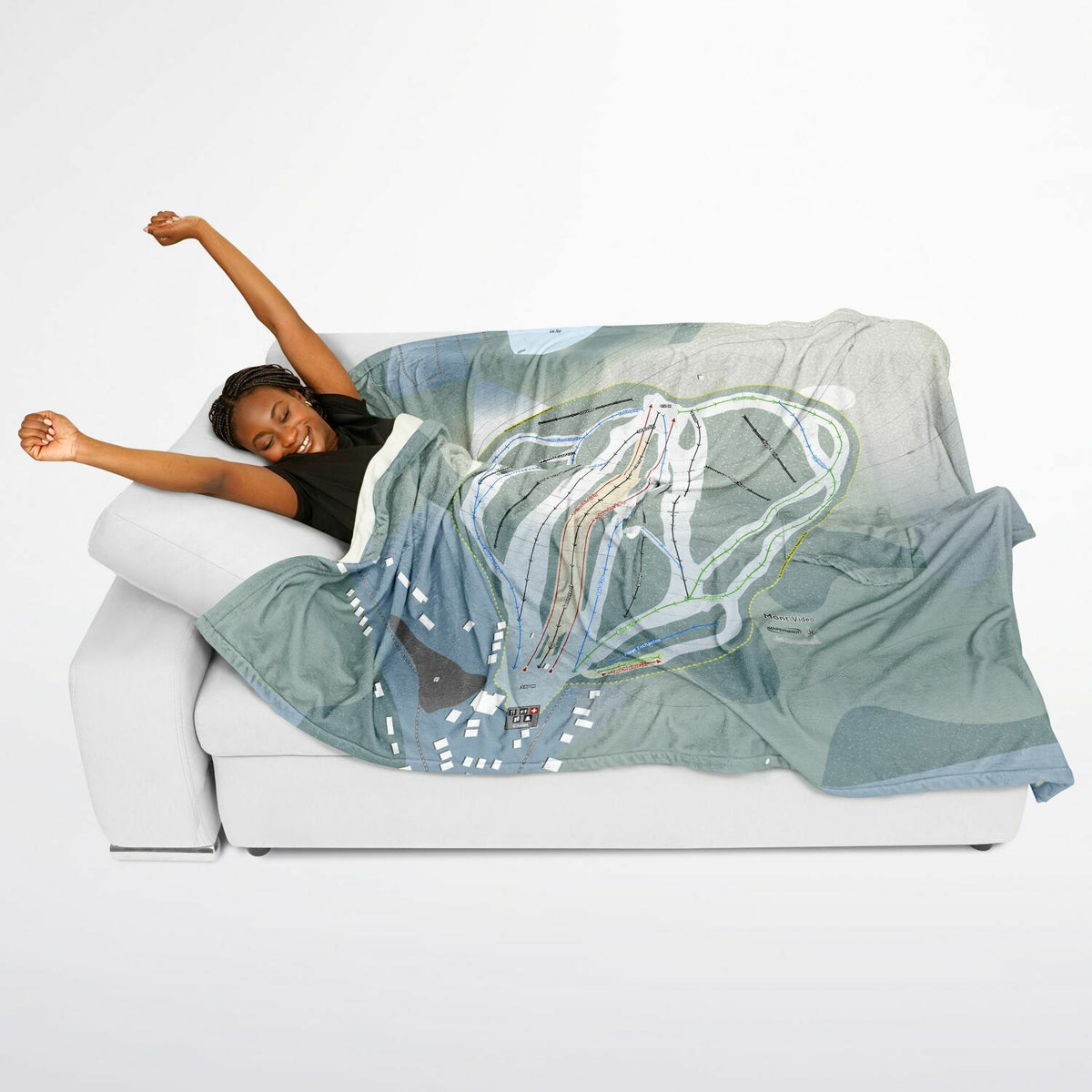 Mont Video, Quebec Ski Resort Map Flannel Blanket Poncho