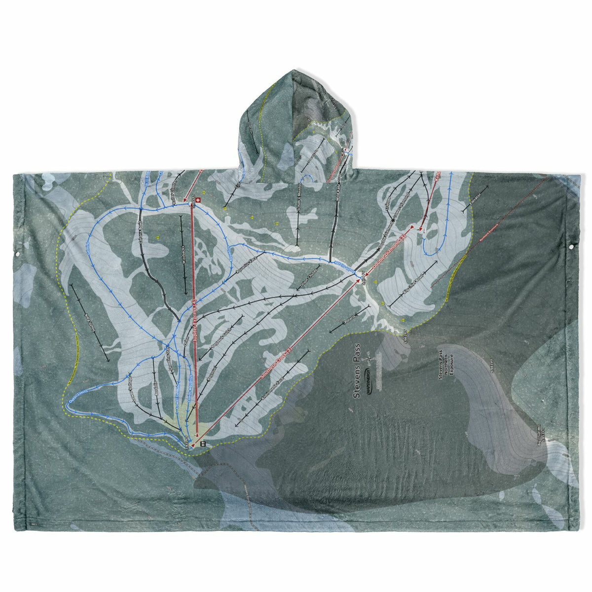 Stevens Pass, Washington Ski Resort Map Flannel Blanket Poncho