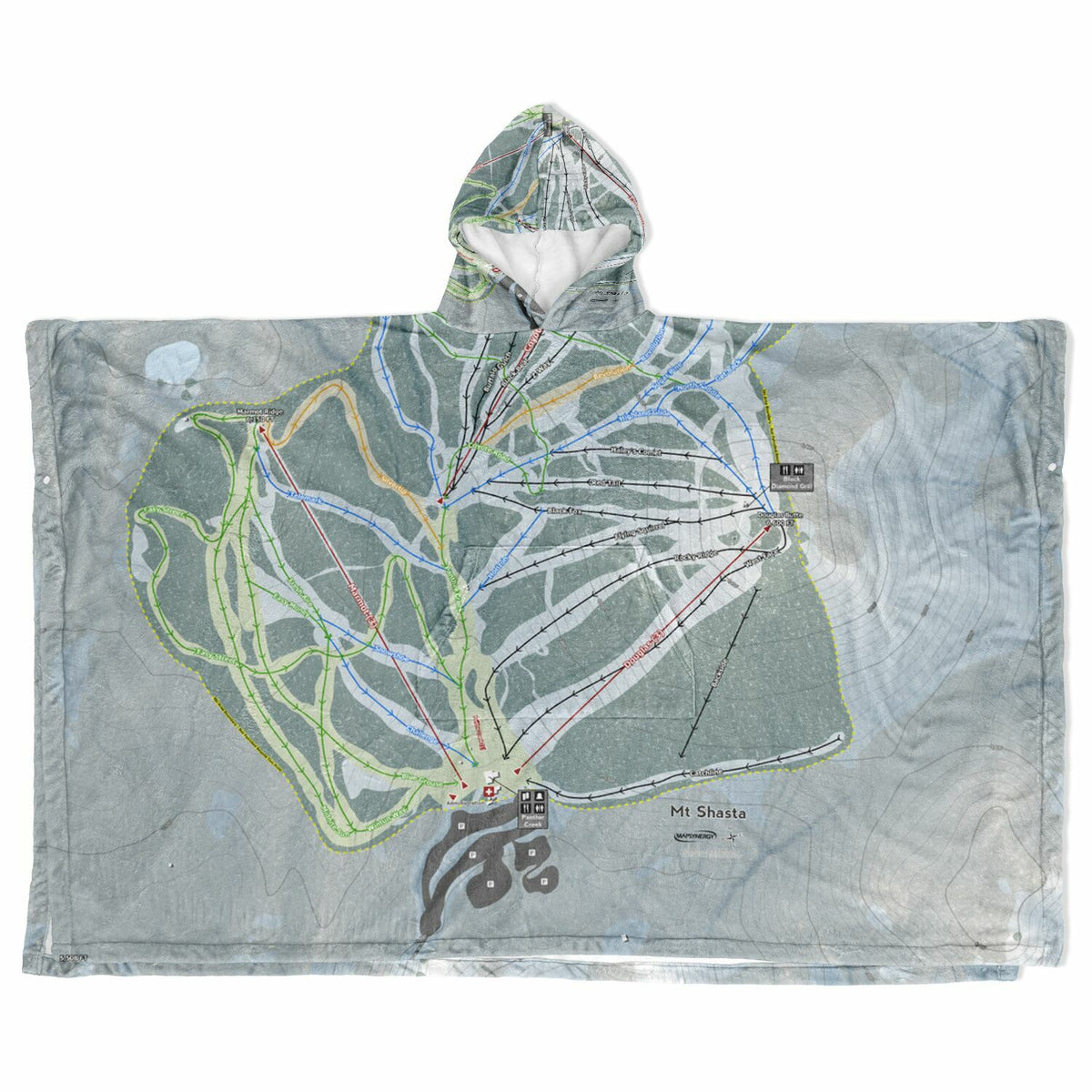 Mt Shasta, California Ski Resort Map Flannel Blanket Poncho