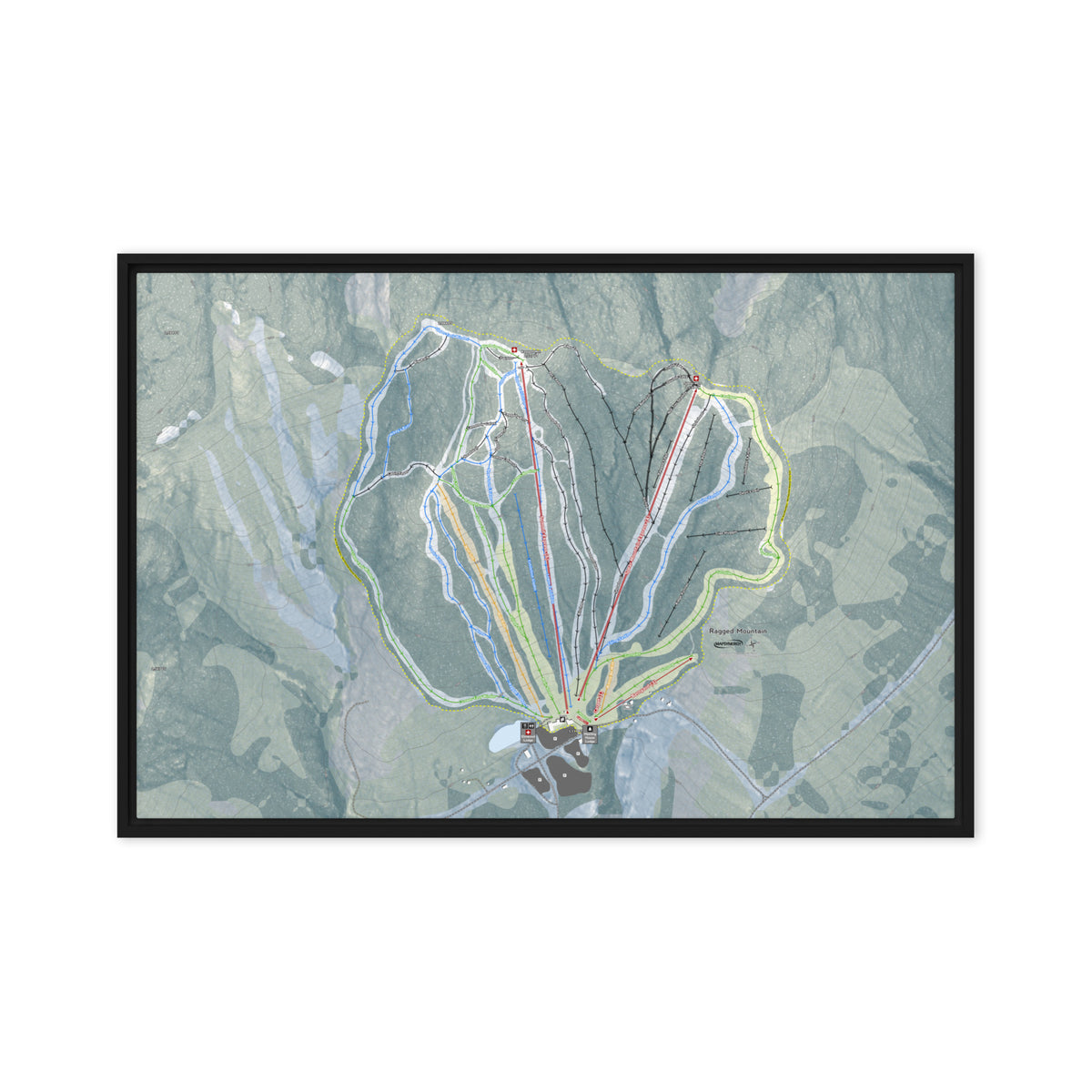 Ragged Mountain, New Hampshire Ski Resort Map Framed Canvas Wall Art