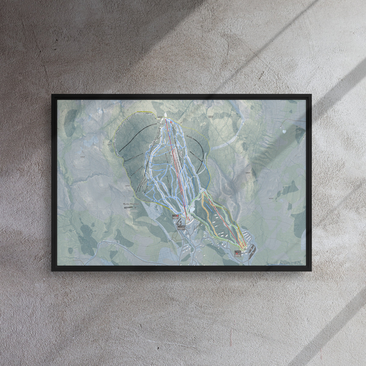 Burke Mountain, Vermont Ski Resort Map Framed Canvas Wall Art