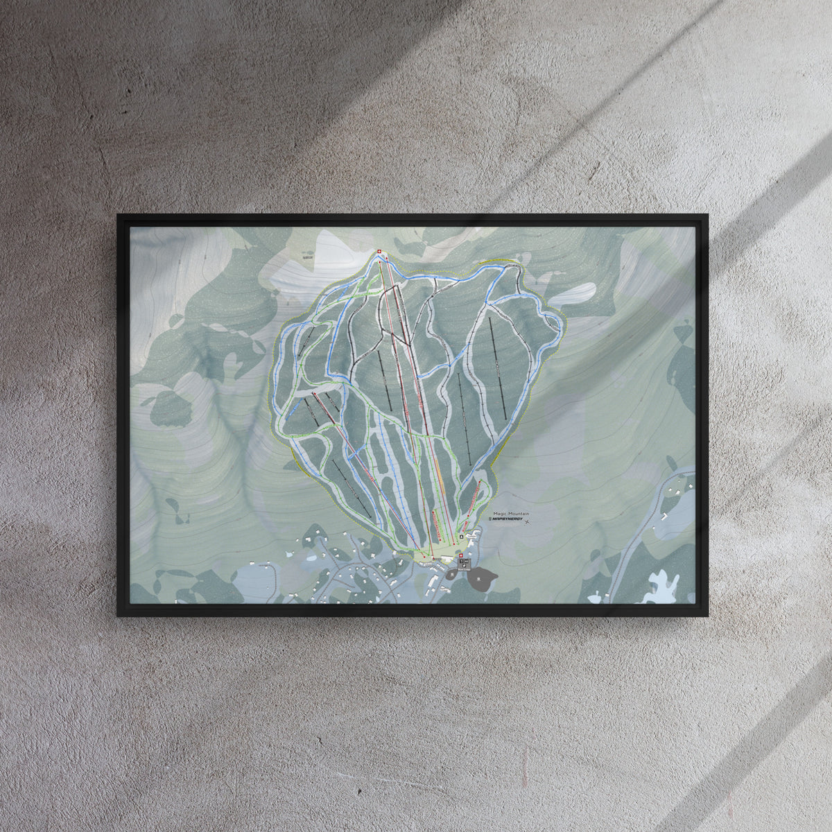 Magic Mountain, Vermont Ski Resort Map Framed Canvas Wall Art