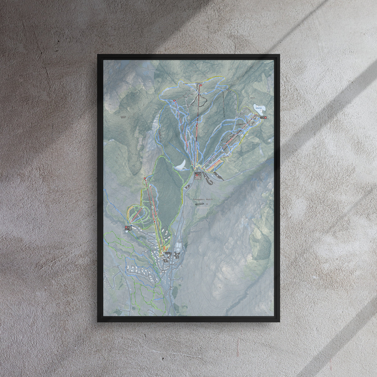 Smugglers Notch, Vermont Ski Resort Map Framed Canvas Wall Art