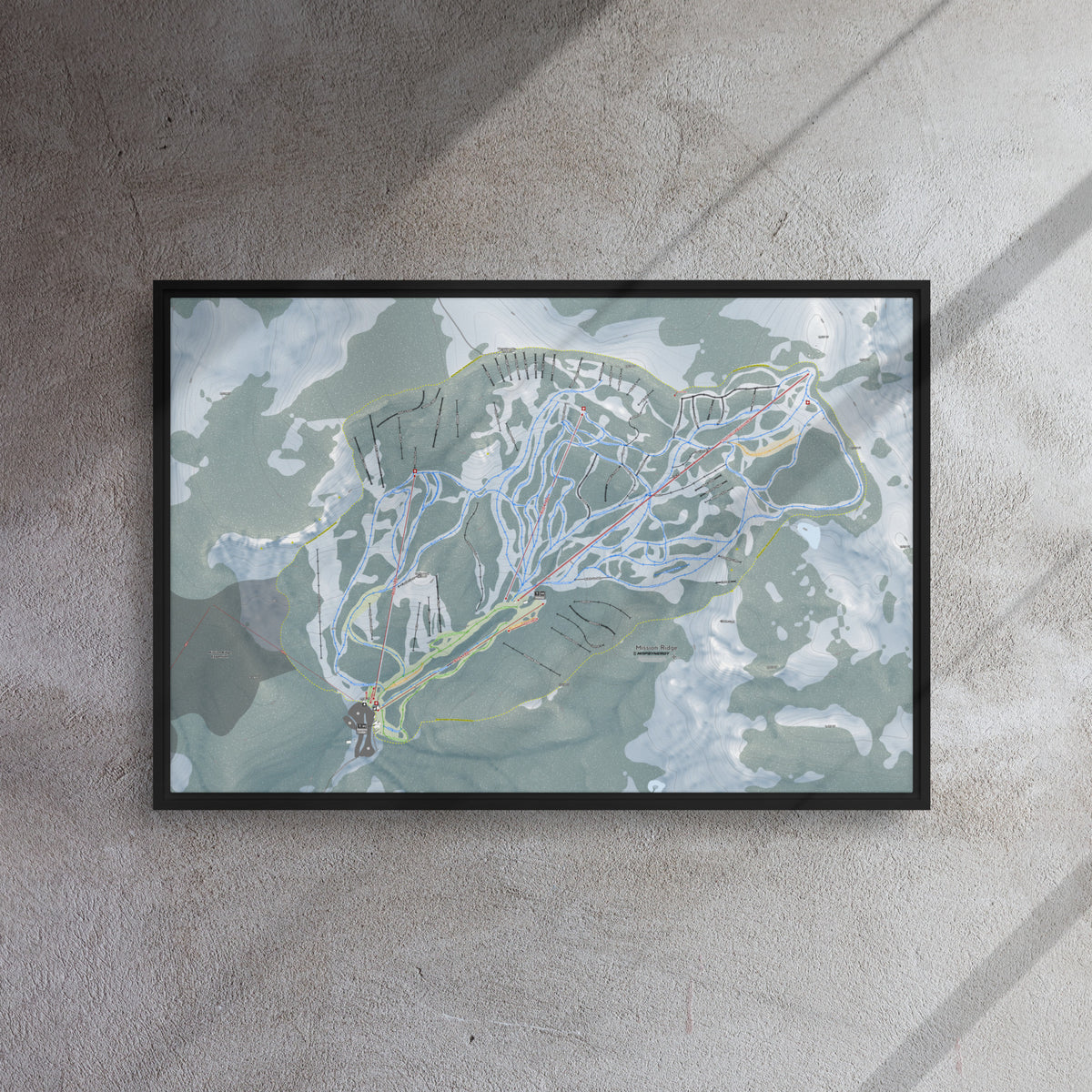 Mission Ridge, Washington Ski Resort Map Framed Canvas Wall Art
