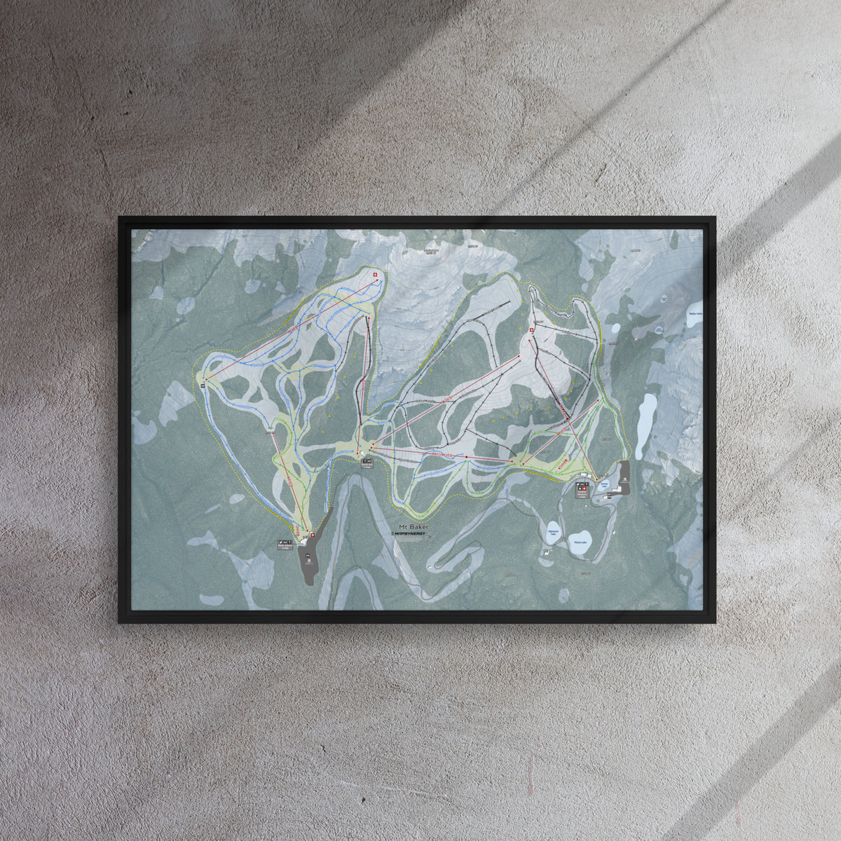 Mt Baker, Washington Ski Resort Map Framed Canvas Wall Art