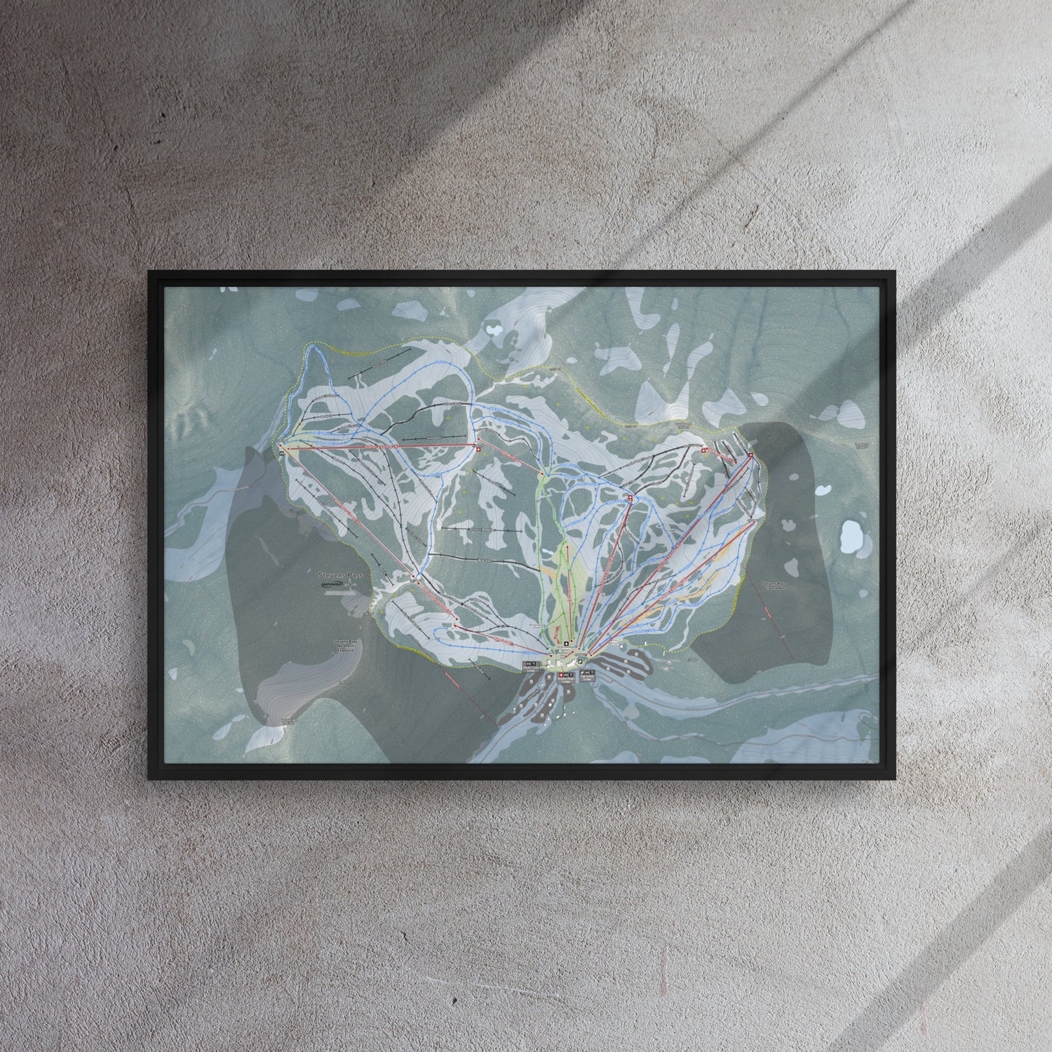 Stevens Pass, Washington Ski Resort Map Framed Canvas Wall Art