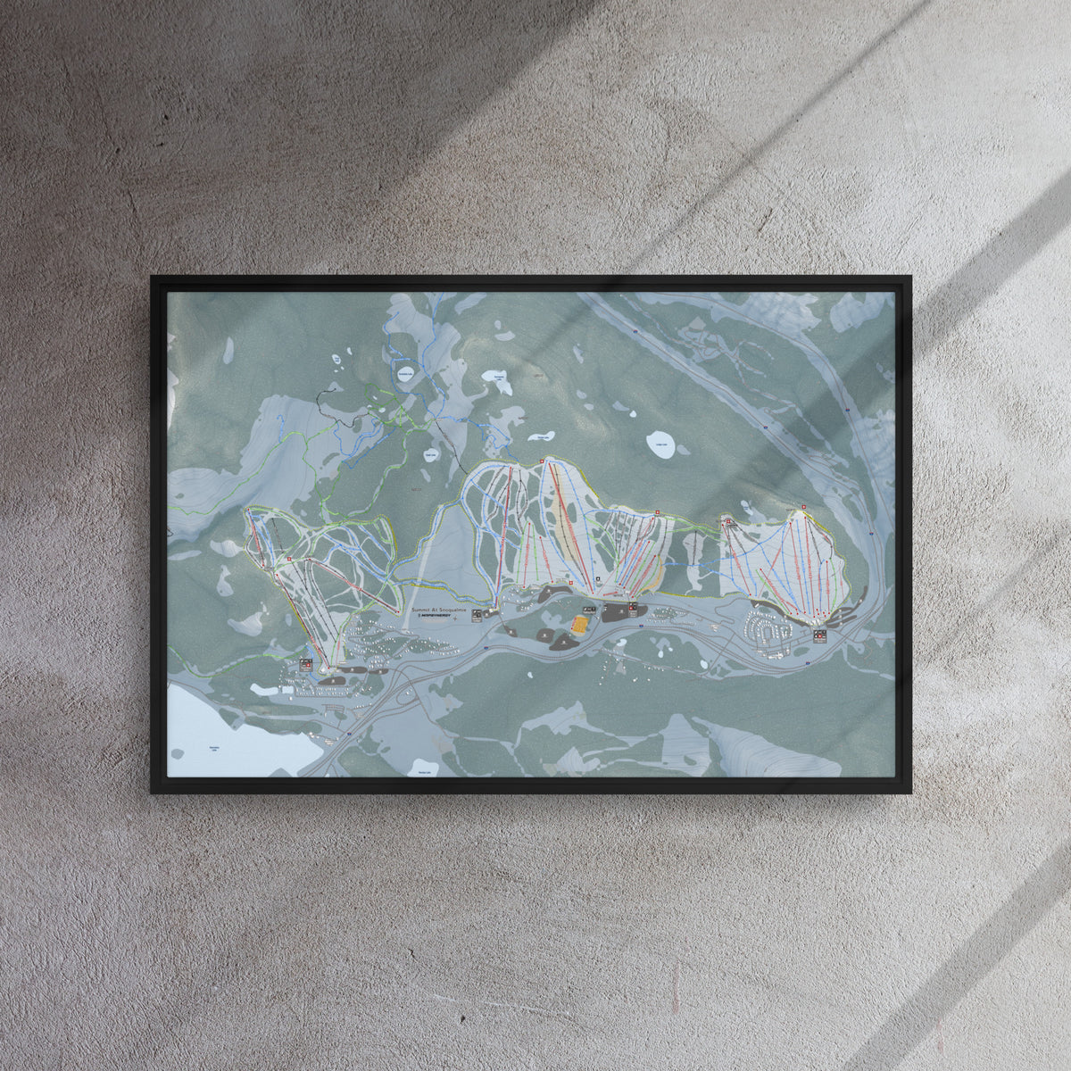 Summit At Snoqualmie, Washington Ski Resort Map Framed Canvas Wall Art