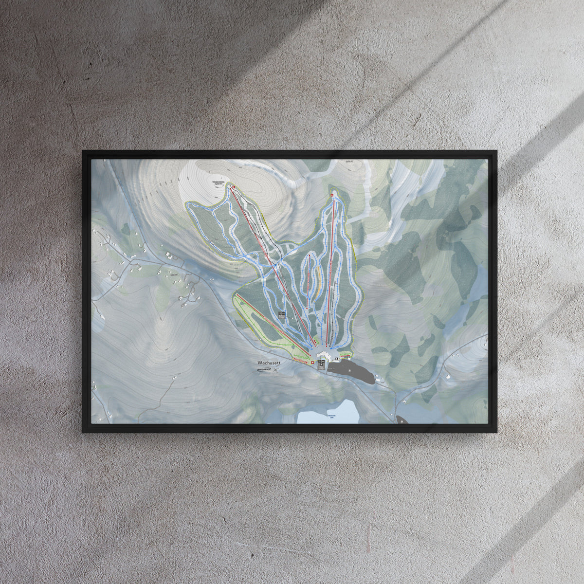 Wachusett Mountain, Massachusetts Ski Resort Map Framed Canvas Wall Art