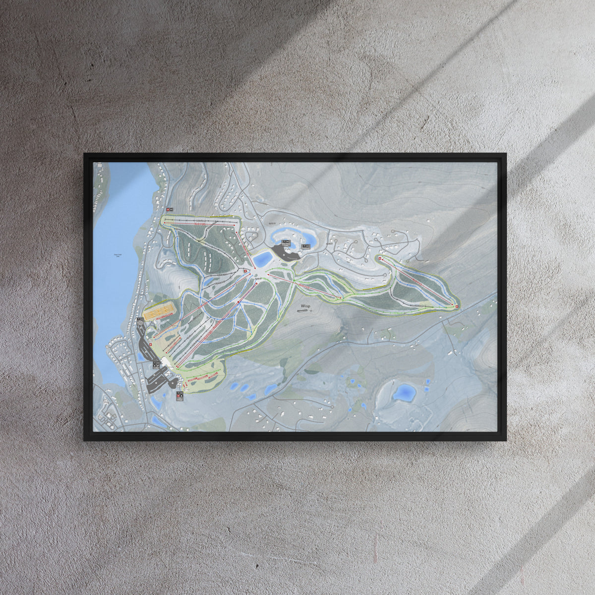 Wisp, Maryland Ski Resort Map Framed Canvas Wall Art