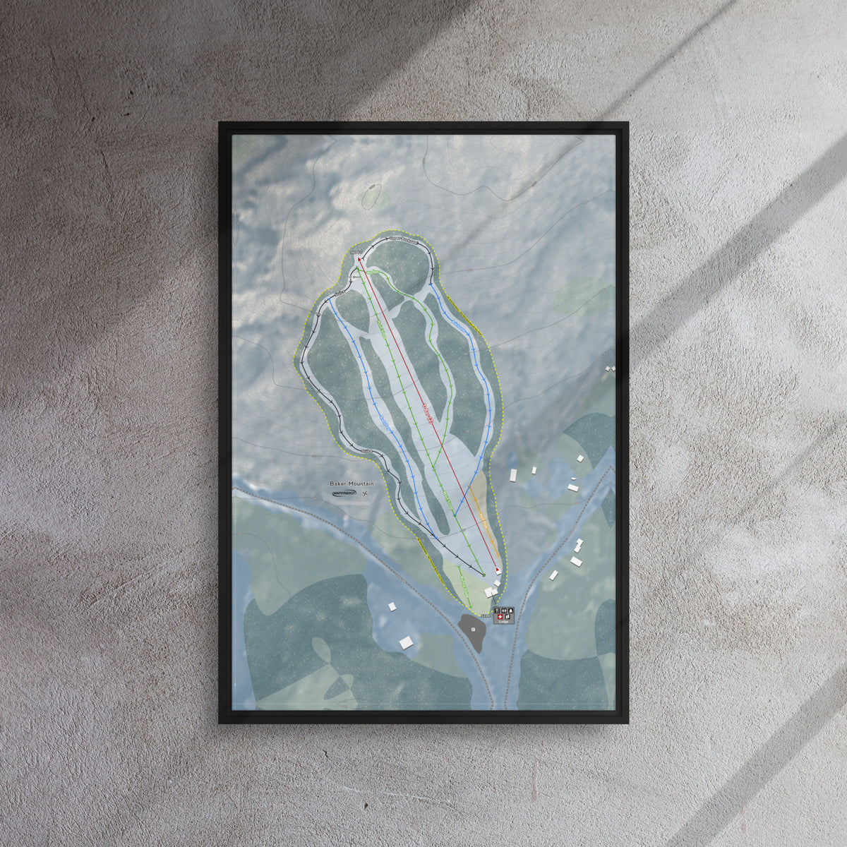 Baker Mountain, Maine Ski Resort Map Framed Canvas Wall Art