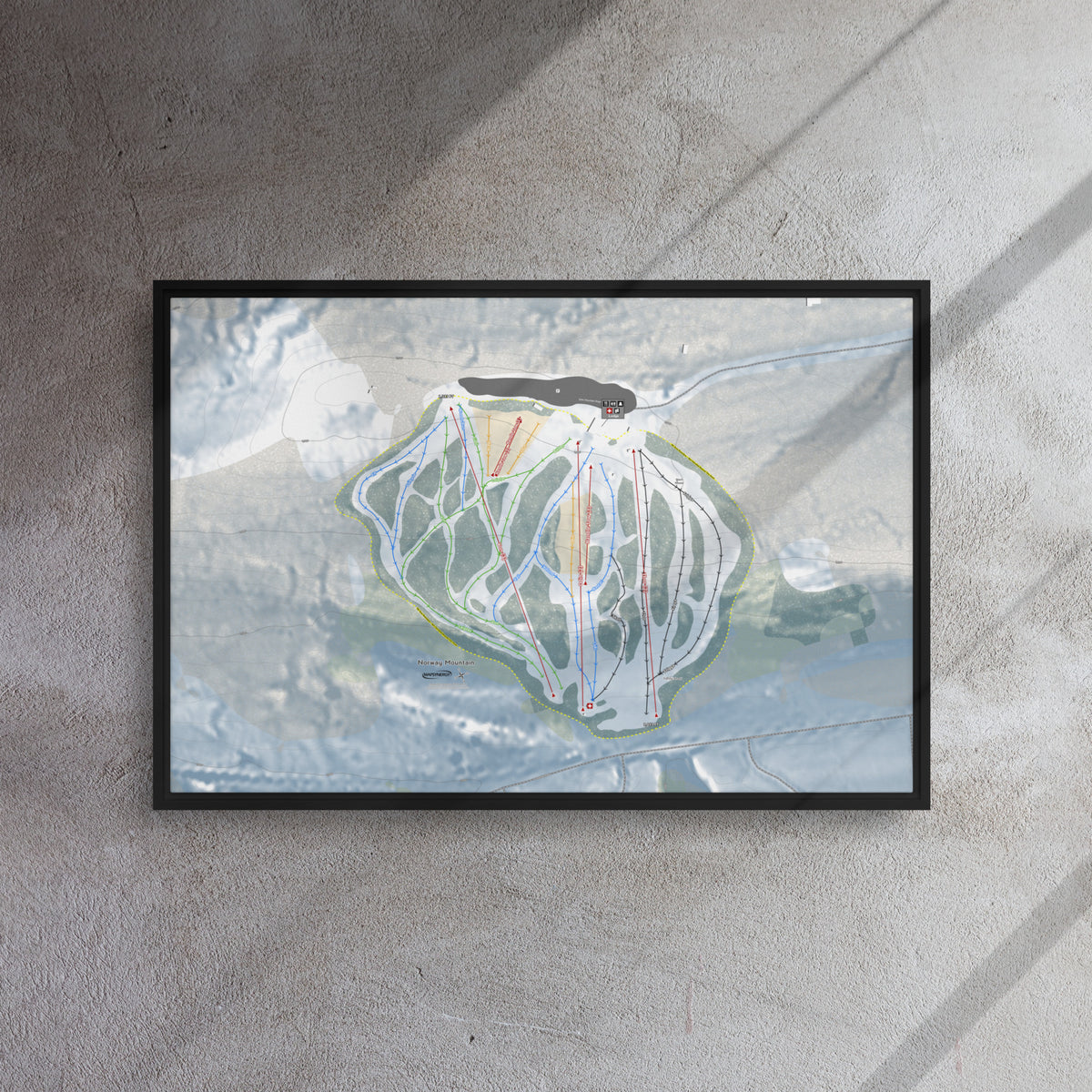 Norway Mountain, Michigan Ski Resort Map Framed Canvas Wall Art