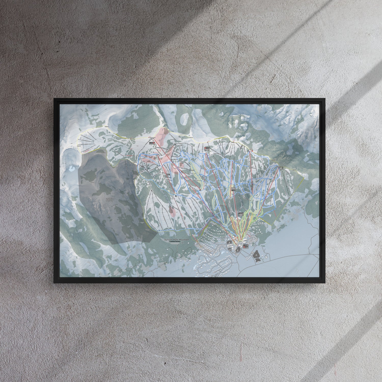 Jackson Hole Mountain, Wyoming Ski Resort Map Framed Canvas Wall Art