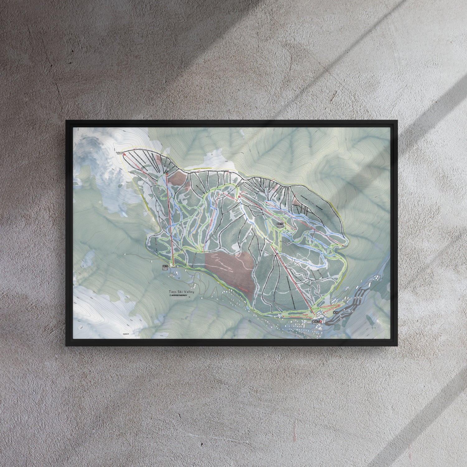 Taos, New Mexico Ski Resort Map Framed Canvas Wall Art