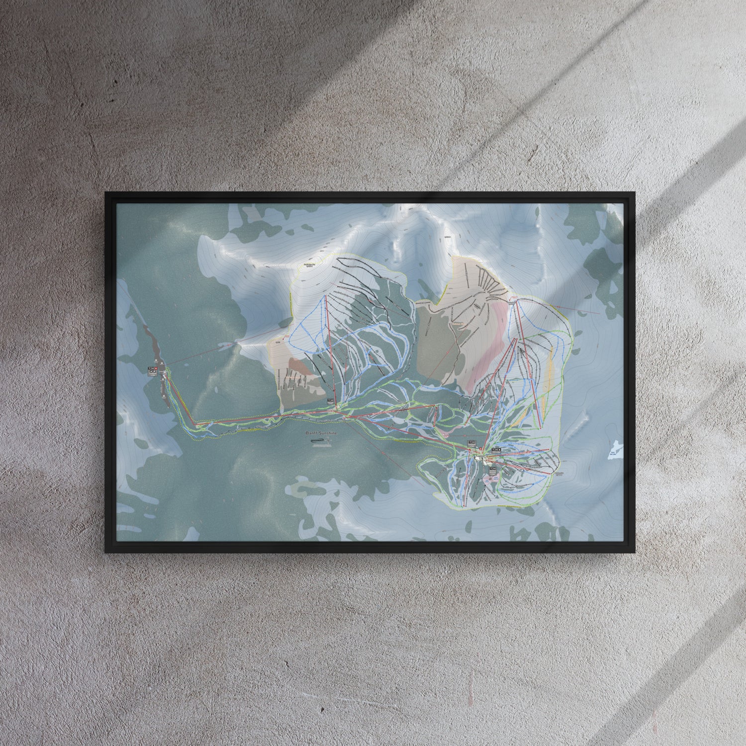 Banff Sunshine, Alberta Ski Resort Map Framed Canvas Wall Art
