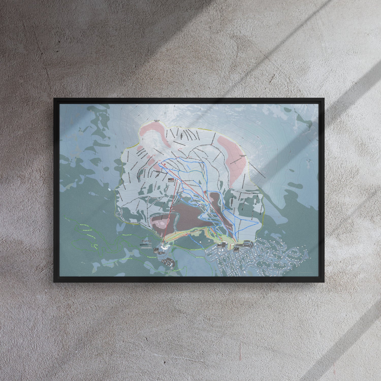 Alyeska, Alaska Ski Resort Map Framed Canvas Wall Art