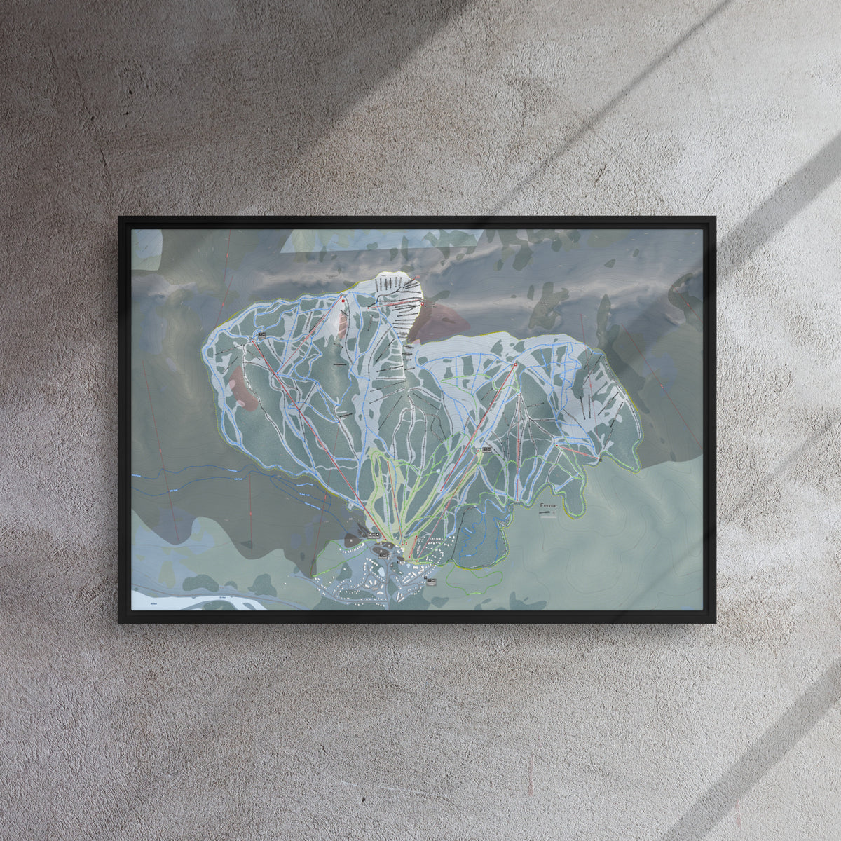 Fernie, British Columbia Ski Resort Map Framed Canvas Wall Art