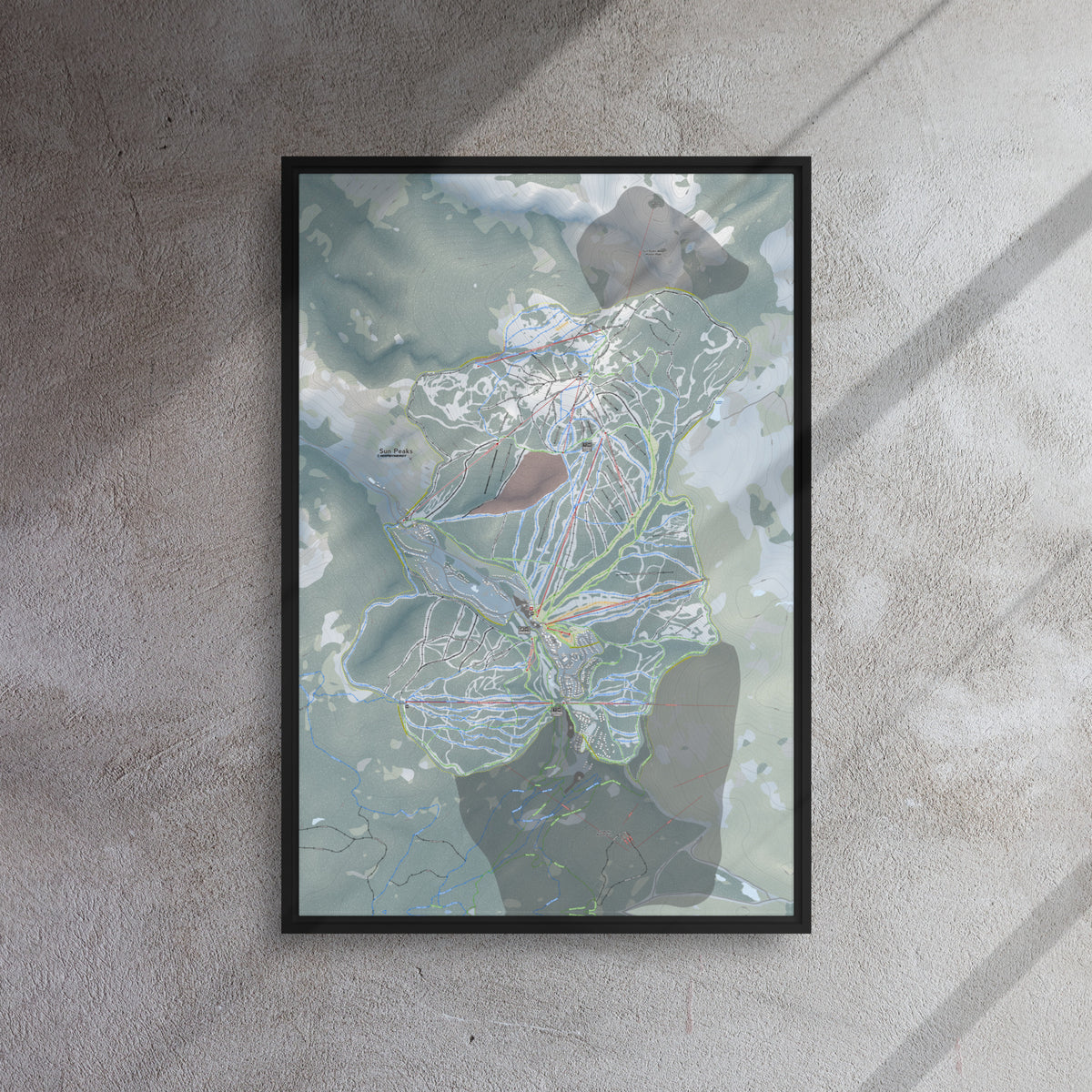 Sun Peaks, British Columbia Ski Resort Map Framed Canvas Wall Art