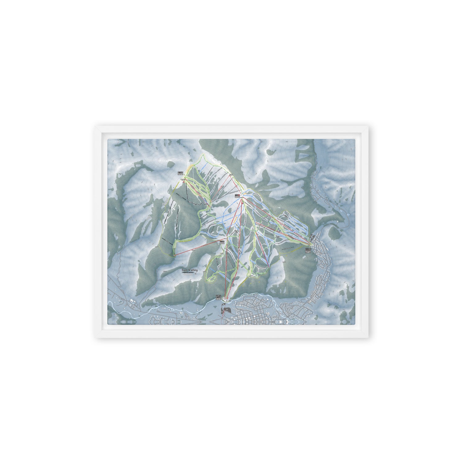 Sun Valley, Idaho Ski Resort Map Framed Canvas Wall Art
