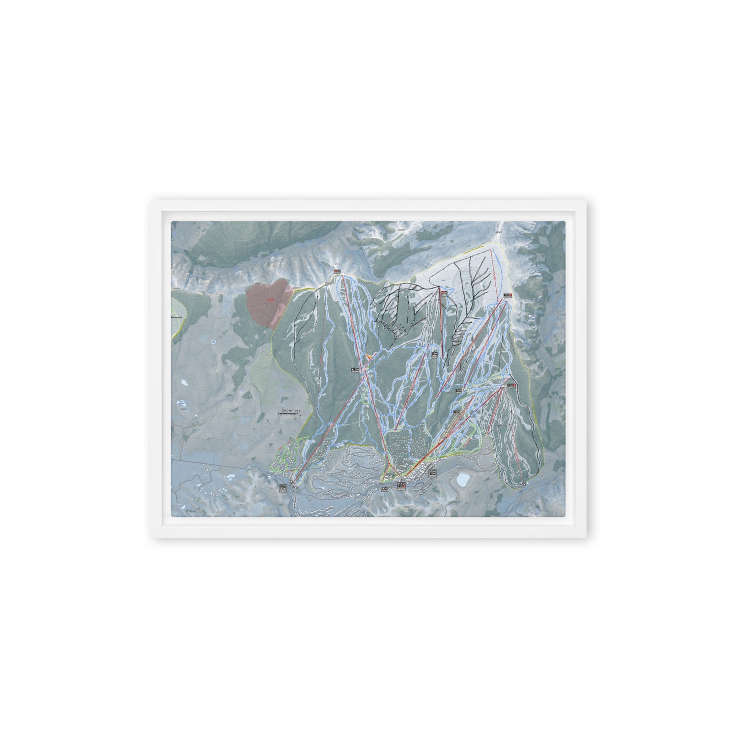 Snowmass, Colorado Ski Resort Map Framed Canvas Wall Art
