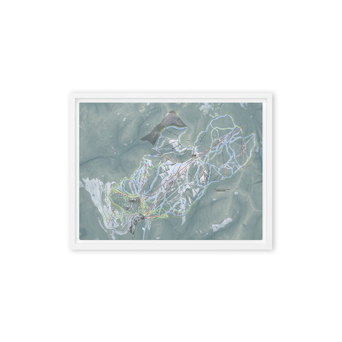 Whitefish Mountain, Montana Ski Resort Map Framed Canvas Wall Art
