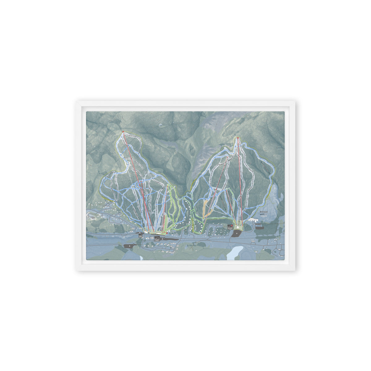 Attitash Mountain, New Hampshire Ski Resort Map Framed Canvas Wall Art