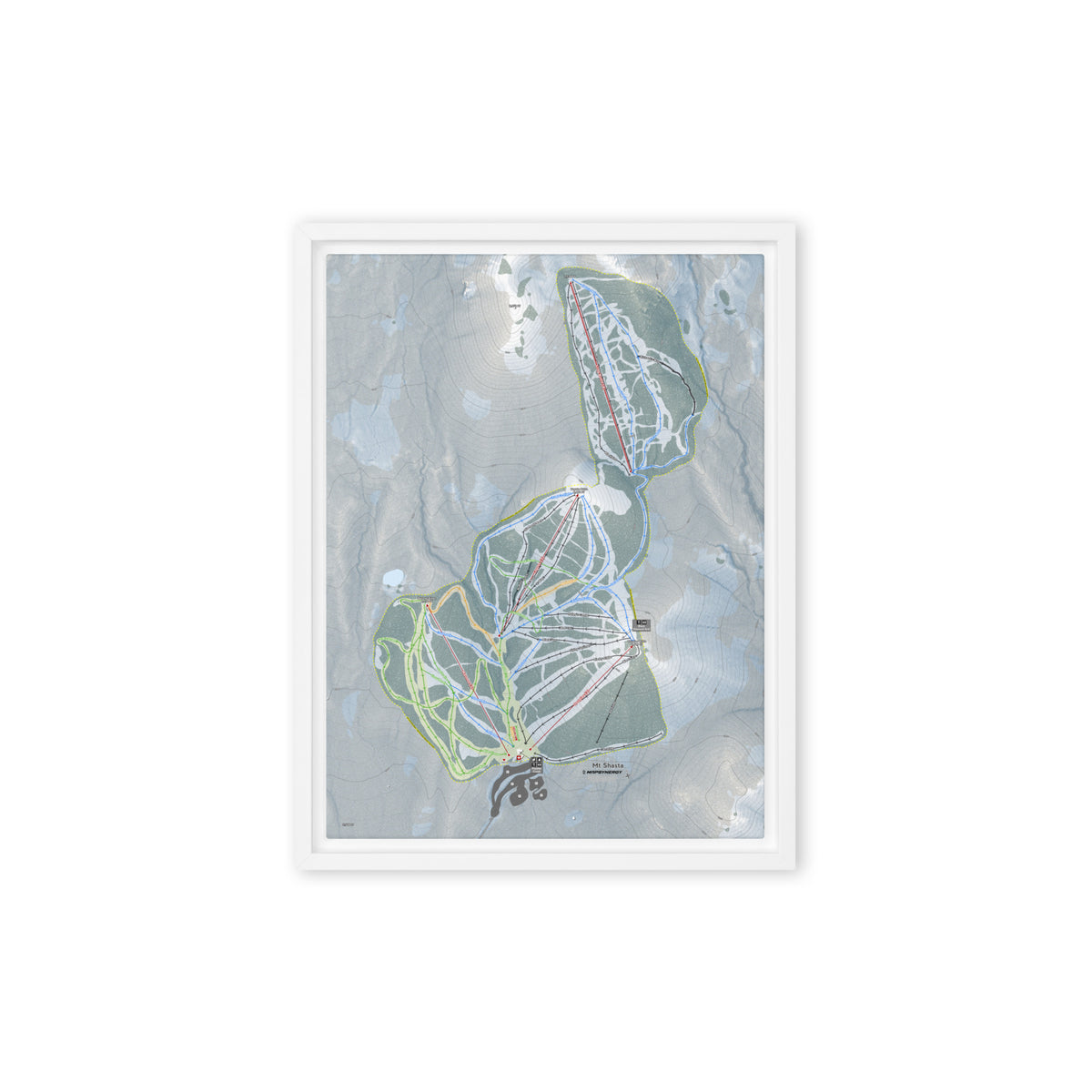 MT Shasta, California Ski Resort Map Framed Canvas Wall Art