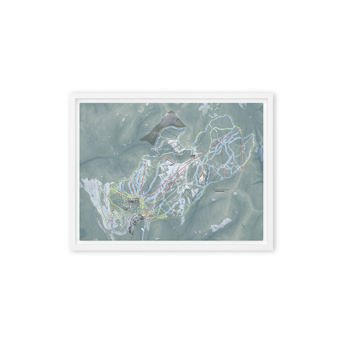 Whitefish, Montana Ski Resort Map Framed Canvas Wall Art