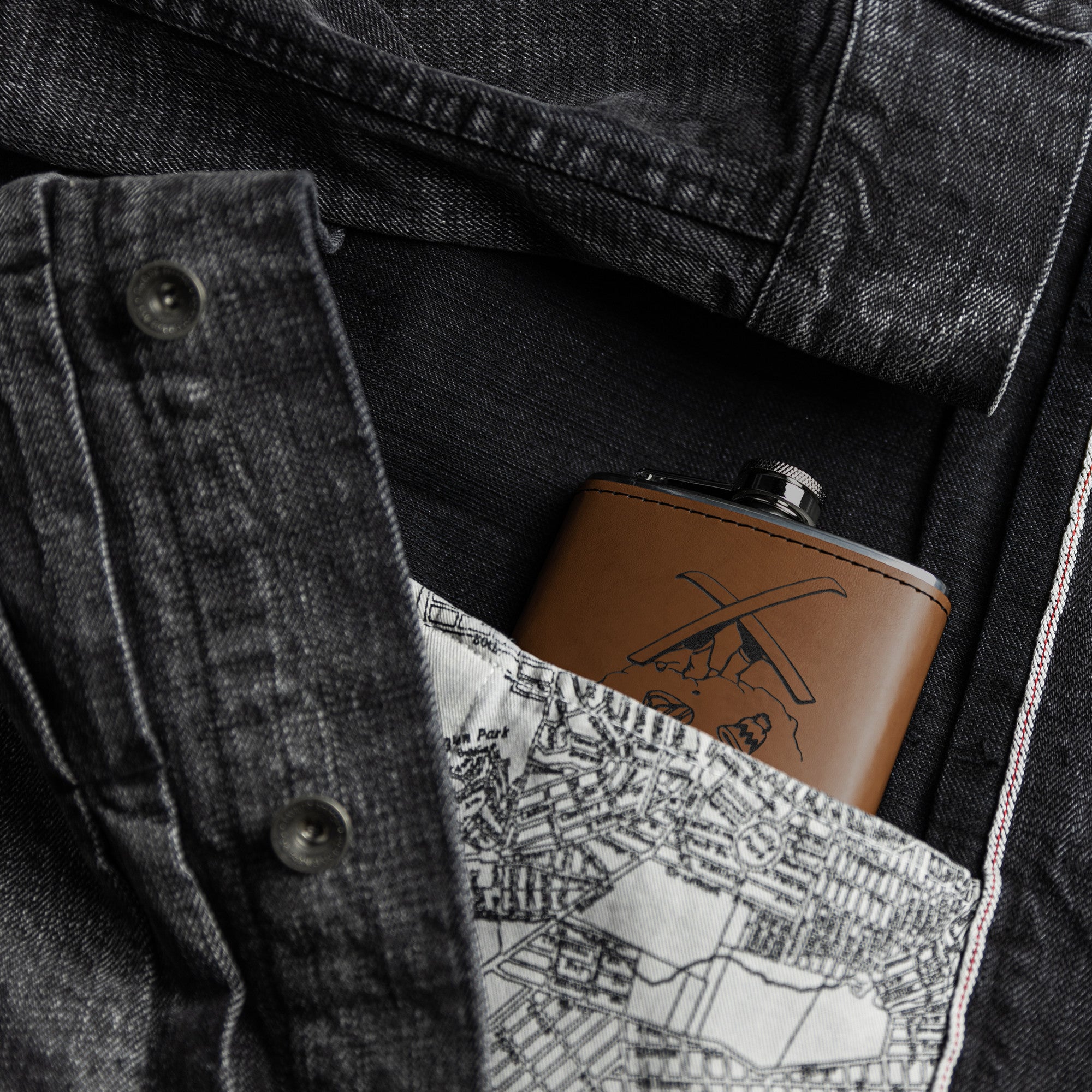 Ski & Snowboard Flasks with Hand Dyed Engraved Leather Wrap - Stainless Steel Flask. Ski Gift, Ski Trip - FREE