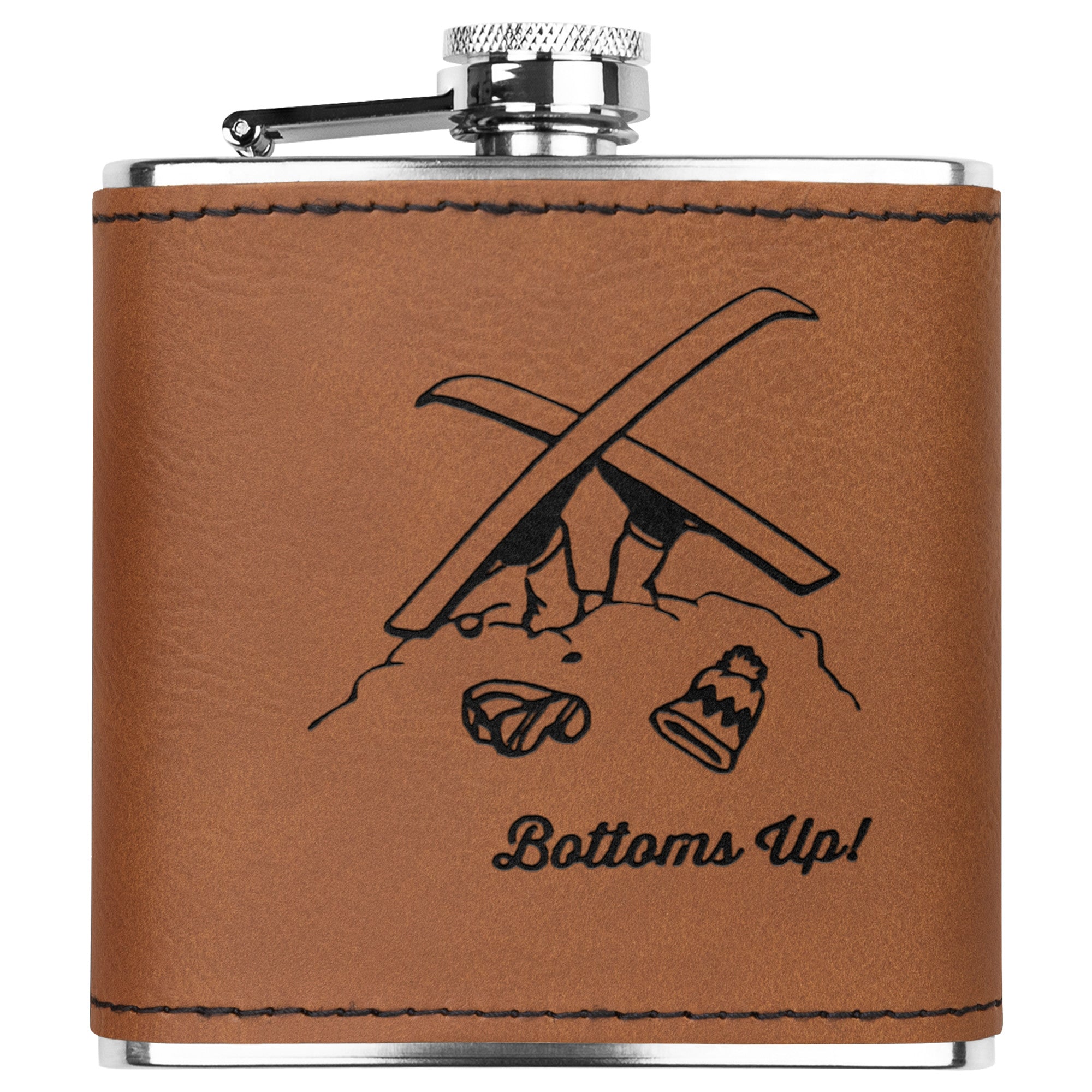 Ski & Snowboard Flasks with Hand Dyed Engraved Leather Wrap - Stainless Steel Flask. Ski Gift, Ski Trip - FREE