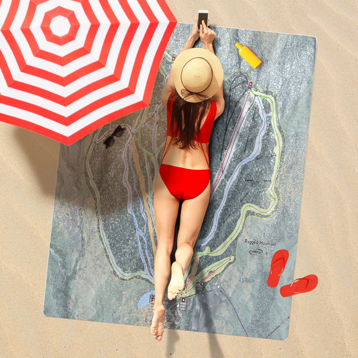 Ragged Mountain, New Hampshire Ski Resort Map Printed Beach Towel - Powderaddicts