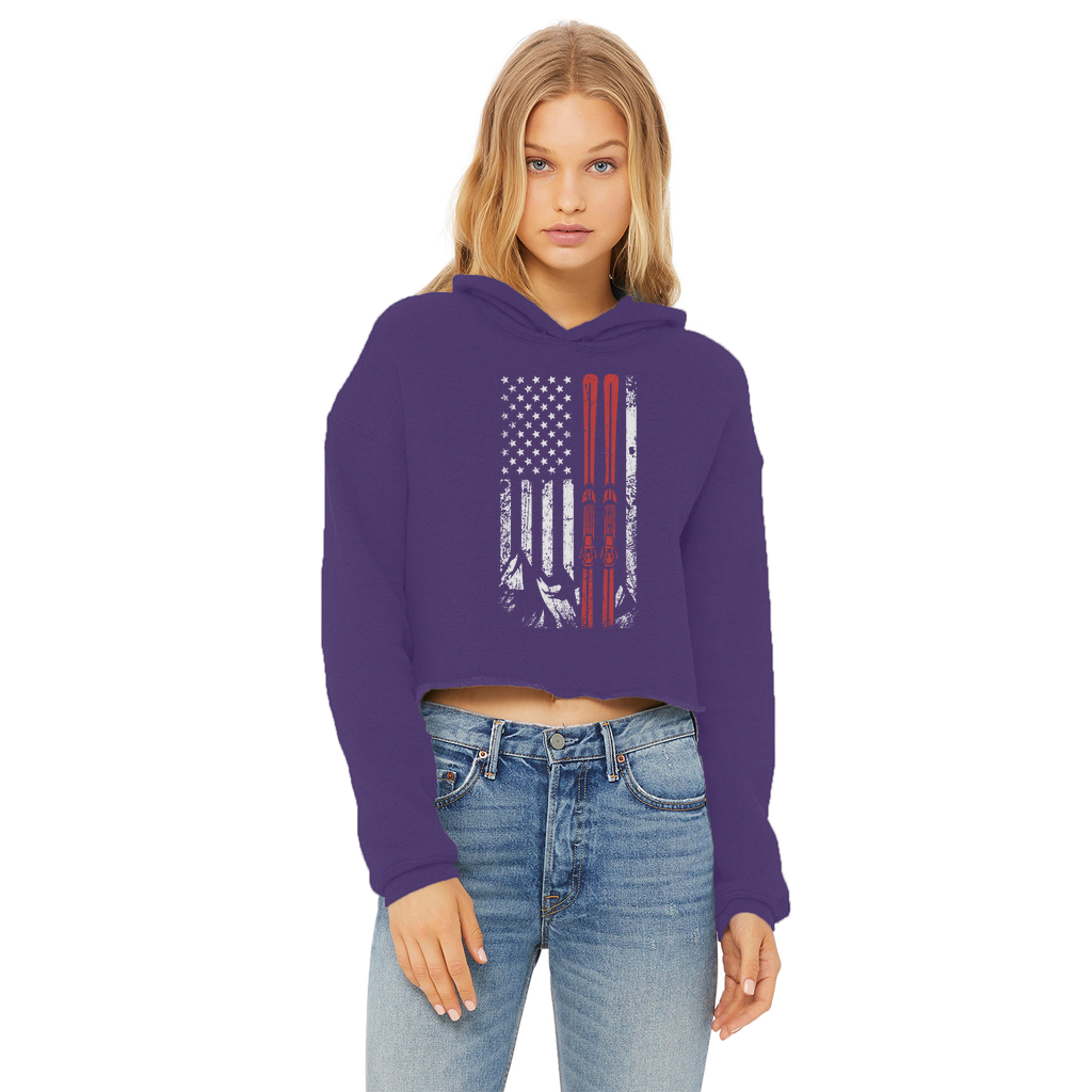 USA Flag - Ski - Thin Red Line Ladies Cropped Raw Edge Hoodie - Powderaddicts