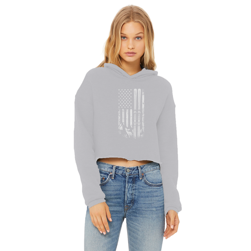USA Ski Flag Ladies Cropped Raw Edge Hoodie - Powderaddicts