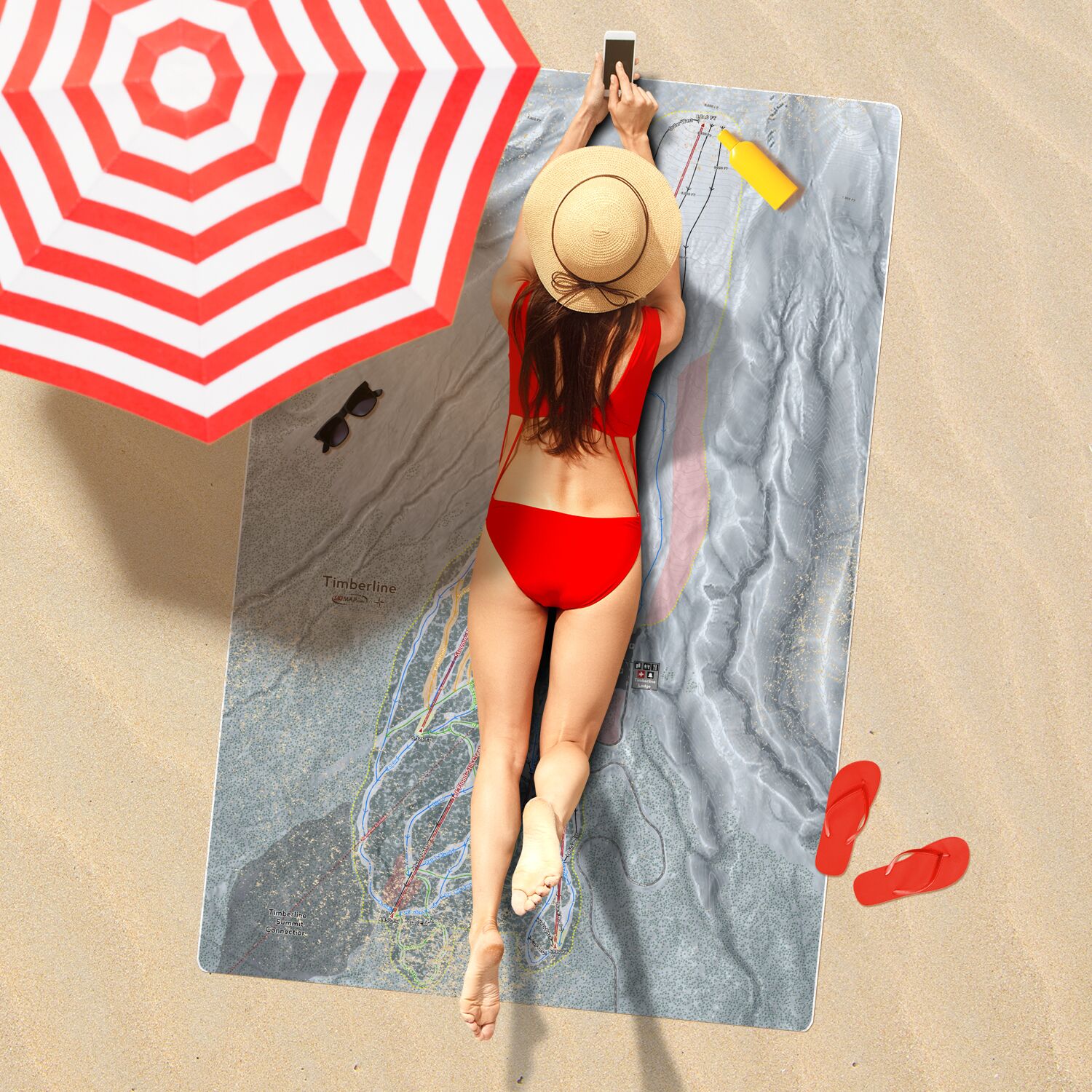 Timberline, Oregon Ski Resort Map Printed Beach Towel - Powderaddicts